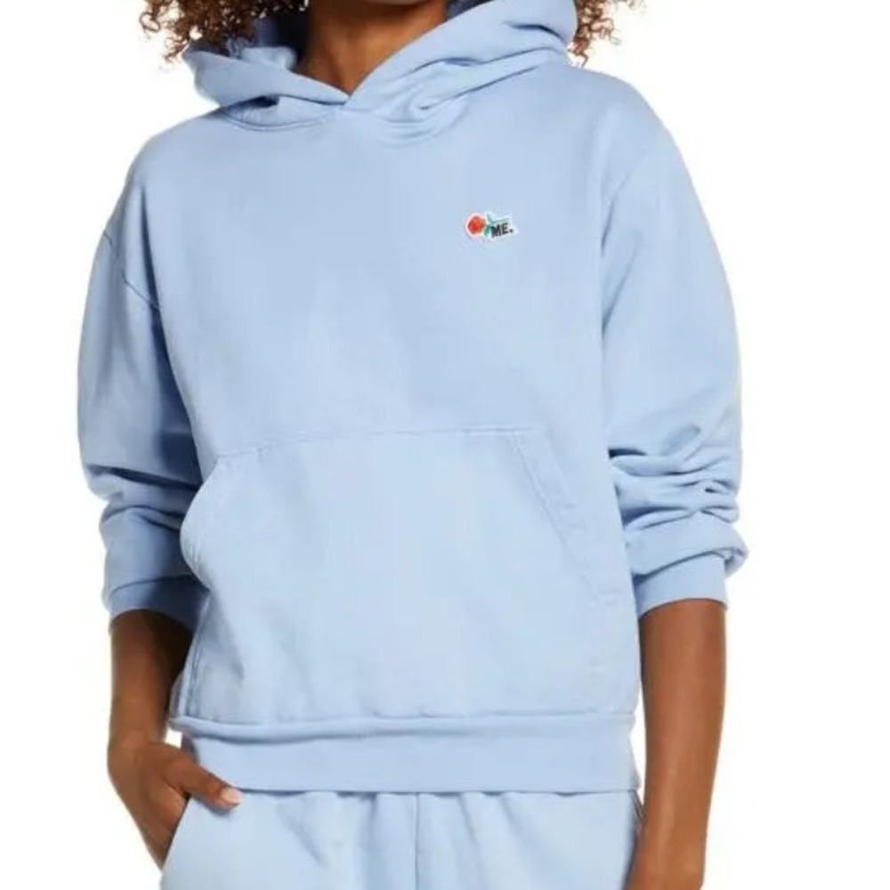 Melody Ehsani ME Rose Embroidered Pullover Hoodie Womens Size L Blue heavy Fleec